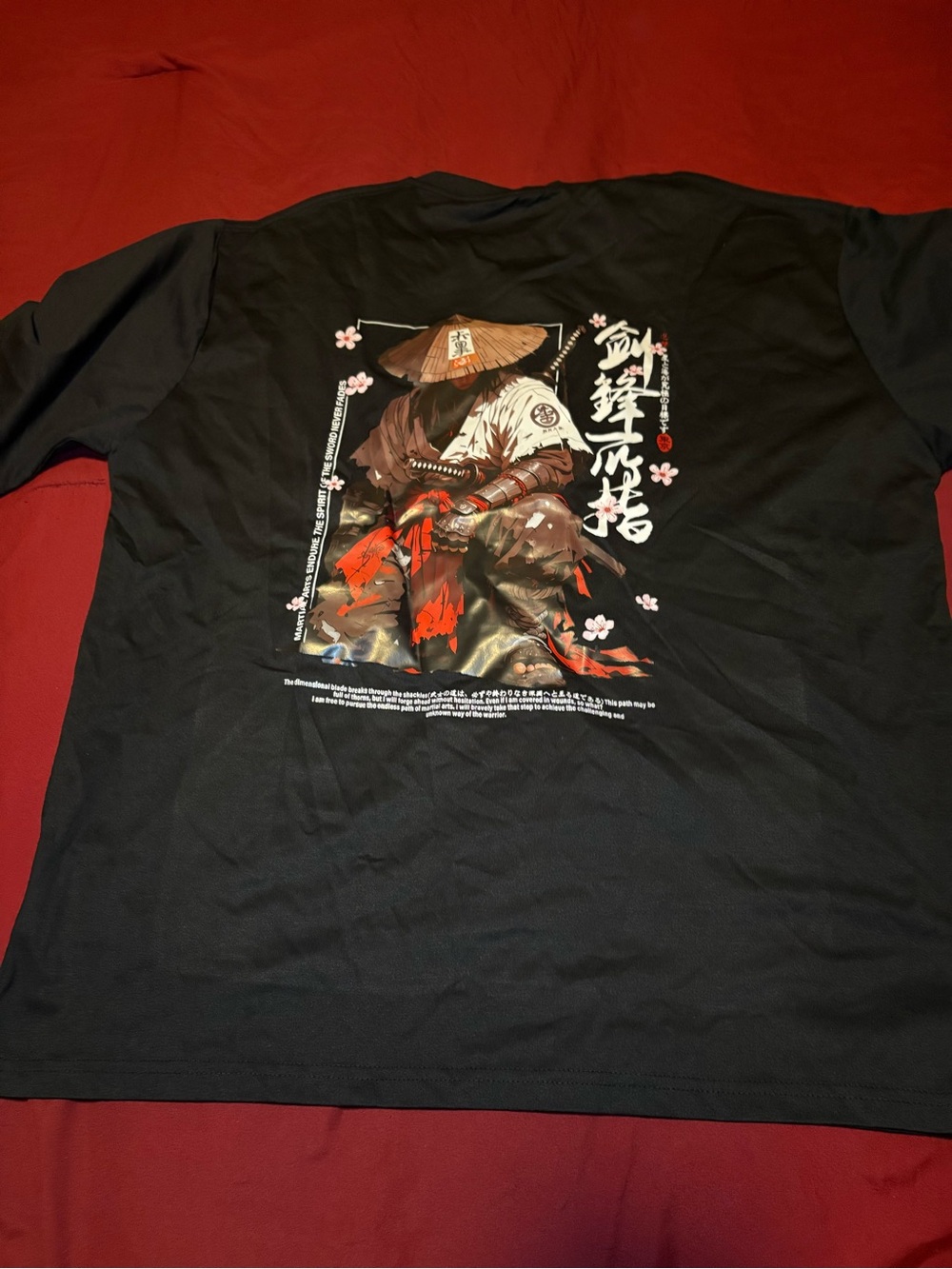 SHEIN Black Samurai Graphic Tee with Red and Pink Details